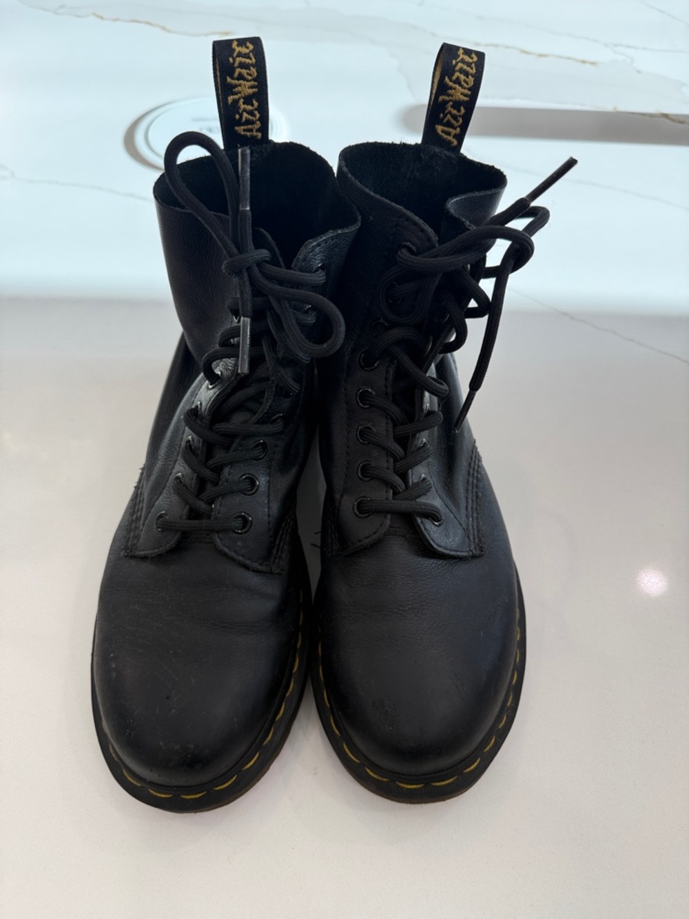 Dr Marten Black Leather Lace-Up Combat Boots with Yellow Stitching
